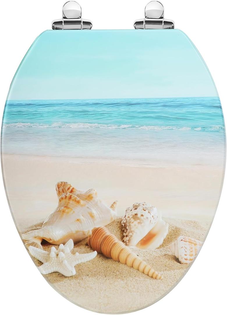 Angol Shiold Elongated Toilet Seat Molded Wood Toilet Seat with Quietly Close and Quick Release Hinges, Easy to Install also Easy to Clean (Elongated, Beach) (Elongated-18.5)