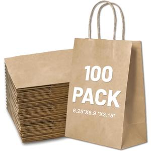 Gift Bags 8.25"X5.9 "X3.15" 100pcs Brown Kraft Paper Bag with Handles for Small Business Christmas Bulk, Wedding, Party Favor, Shopping, Lunch, Halloween Trick-or-Treat Bags