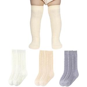 Aorffier Baby Knee High Socks, Toddler Knee High Socks Newborn Little Boy Girl Knit Cotton Stockings 0-36 Months (0-12 Months, Pair of 3)