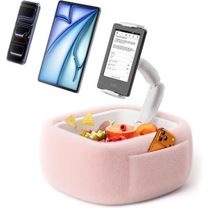 LULULOOK Tablet Pillow Stand, Compatible with iPad, iPhone and 4.7-14.6”Tablet, 360° Adjustable Kindle Pillow Stand for Bed with Ultra Fluffy Fabric & Snack Bowl (Snug Pink)