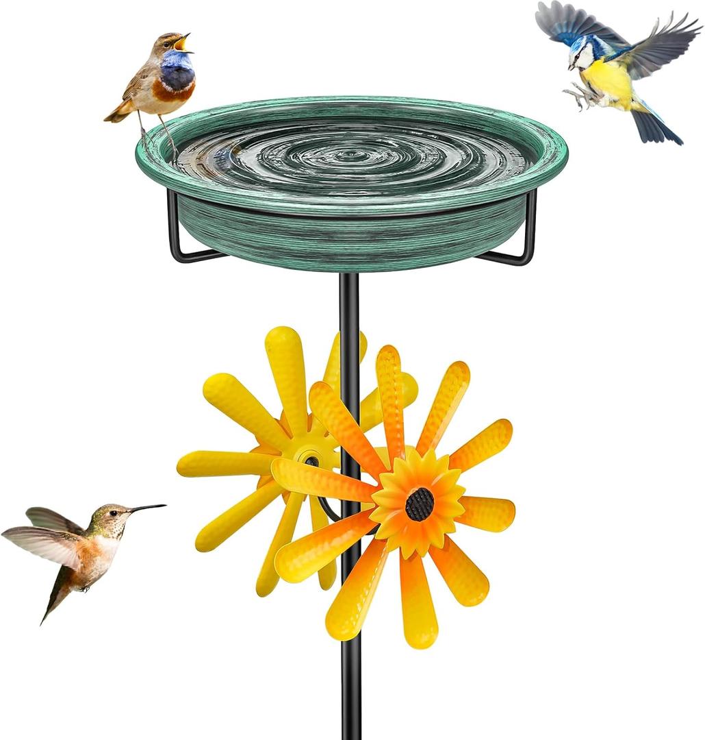 Metal Bird Bath for Outside with Wind Spinner, 48.8 Vintage Freestanding Birdbaths & Birdfeeder with Windmill, Easy to Clean Bird Baths Feeder Bowl for Outdoors Garden Yard Lawn Decor (Retro Green)