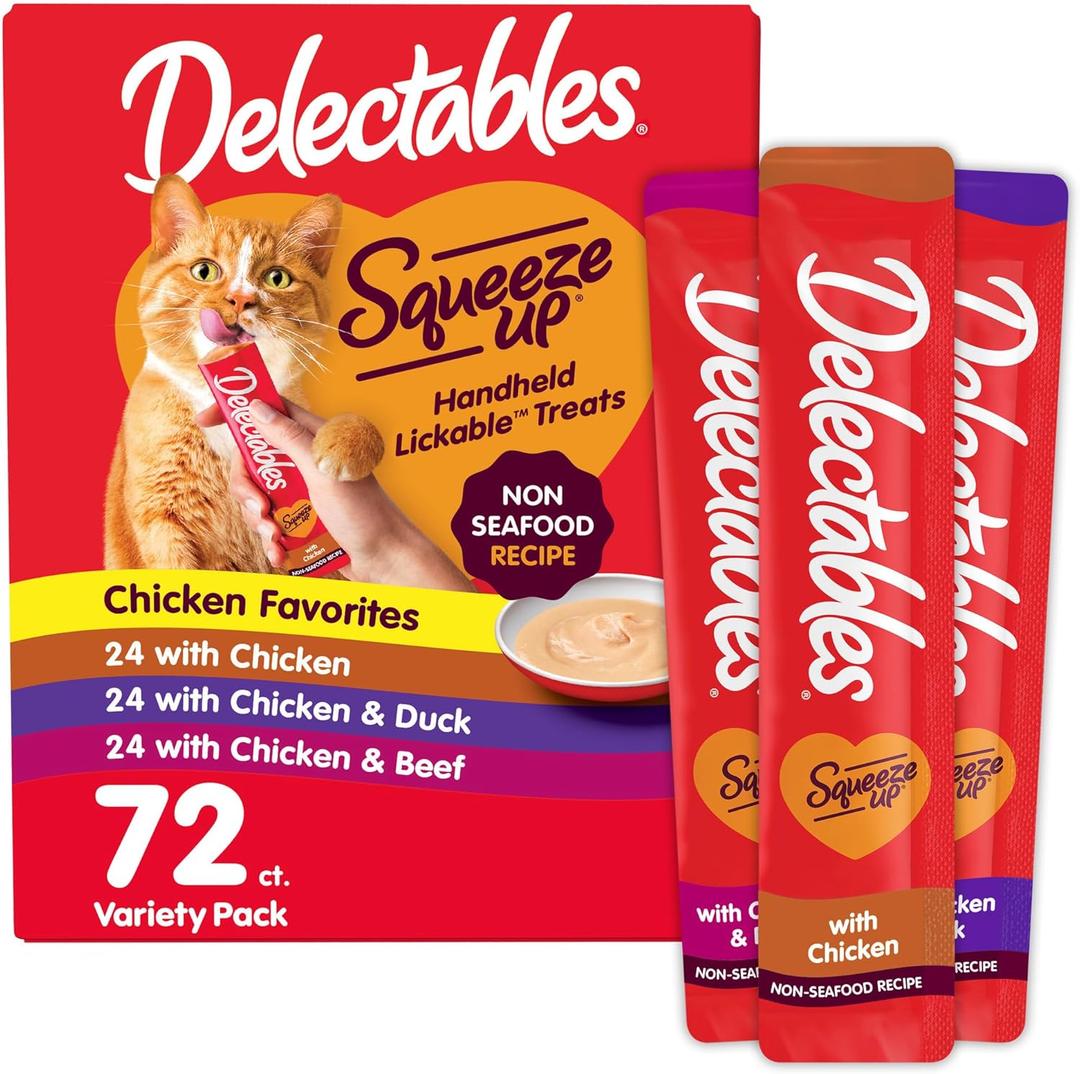 Delectables Squeeze Up Non-Seafood Variety Pack, Creamy Squeezable Puree, Lickable Wet Cat Treats, Grain Free, No Added Fillers, No By-Products, No Added Preservatives, 0.5 Ounces Tube, 72 Tubes Total (EXP 10/30/27)