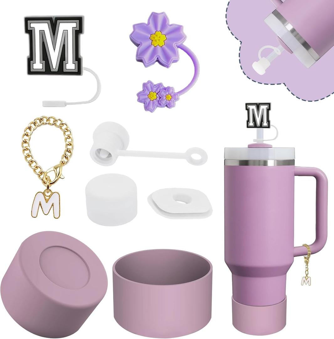2 x Stanley Cup Accessories Set,Including 2 Pcs 0.4in Straw Cover, 1 Silicone Spill-Proof Stopper Set of 3, 1 Name ID Letter Handle Charm, 1 Silicone Cup Boot Fits Stanley 40&30 Oz Tumbler (M)