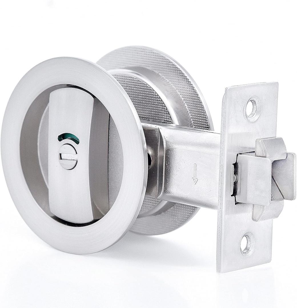 Dontay Pocket Door Lock, Color Coded Indicators, Privacy (Bed/Bath) Handles Latch, 2-3/8" Backset, Hardware for 1 3/8 to 2 3/16 Thickness Door (Excluding Edge Pull, Brushed Nickel, Round - 1 Pack)