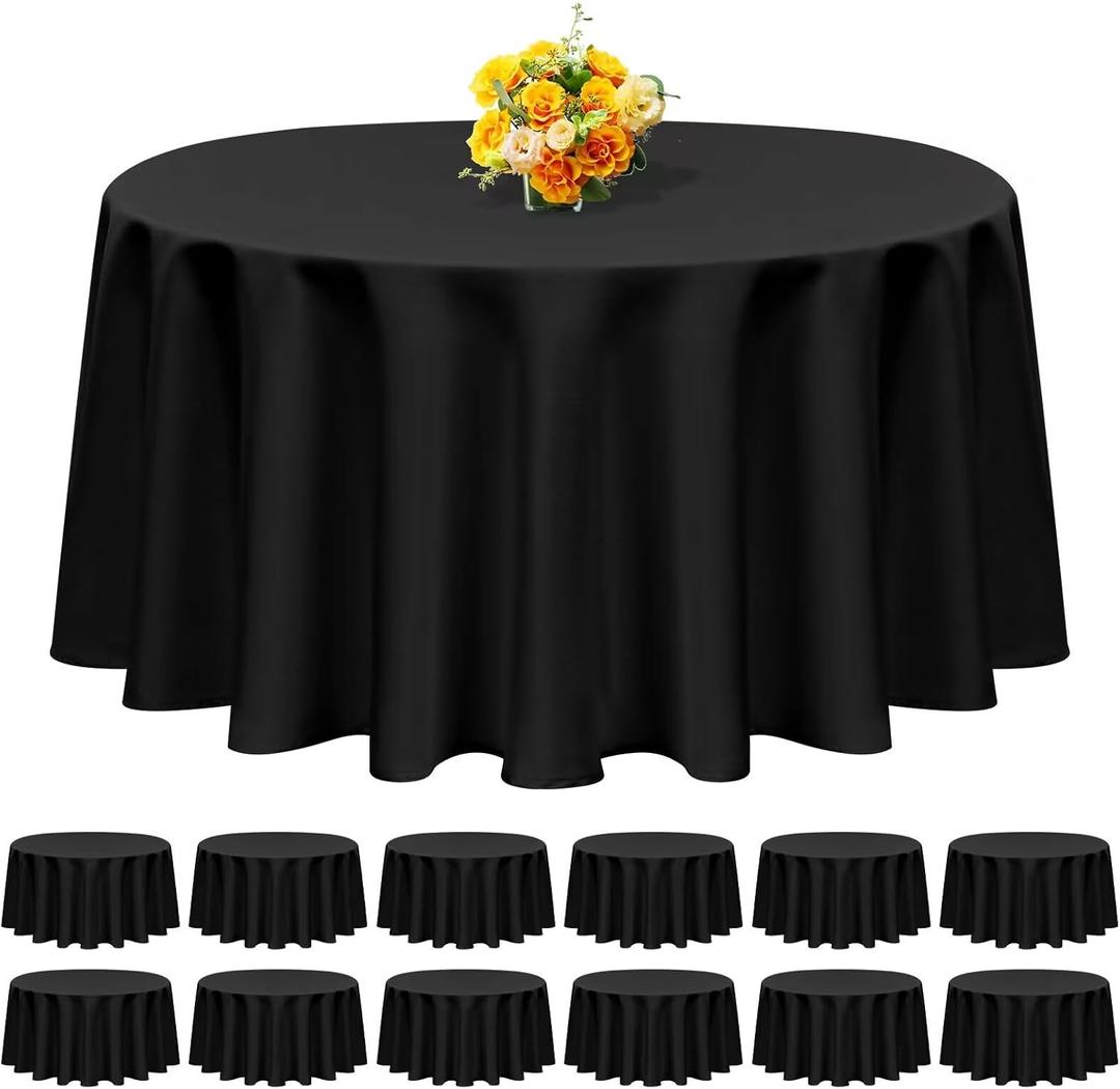 12 Pack 120 Inch Black Round Polyester Tablecloths - Water Resistant, Stain & Wrinkle Resistant, Ideal for Weddings, Banquets, Parties