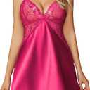Avidlove Women Lingerie V Neck Sexy Nightwear Satin Sleepwear Lace Chemise Mini Babydoll Nightgown (Large, Pinkish Red)