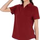 Women's V-Neck Ruffle Design Polo Shirts Short Sleeve Collared Loose Casual Tunic Blouses with Pocket (Red, M)