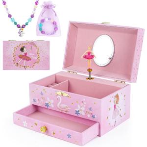 Music Jewellery Box with Drawer Necklace Bracelet, Musical Jewelry Storage Case with Spinning Ballerina Gift Set for Kids Girls Children Daughter (Pink Ballerina)