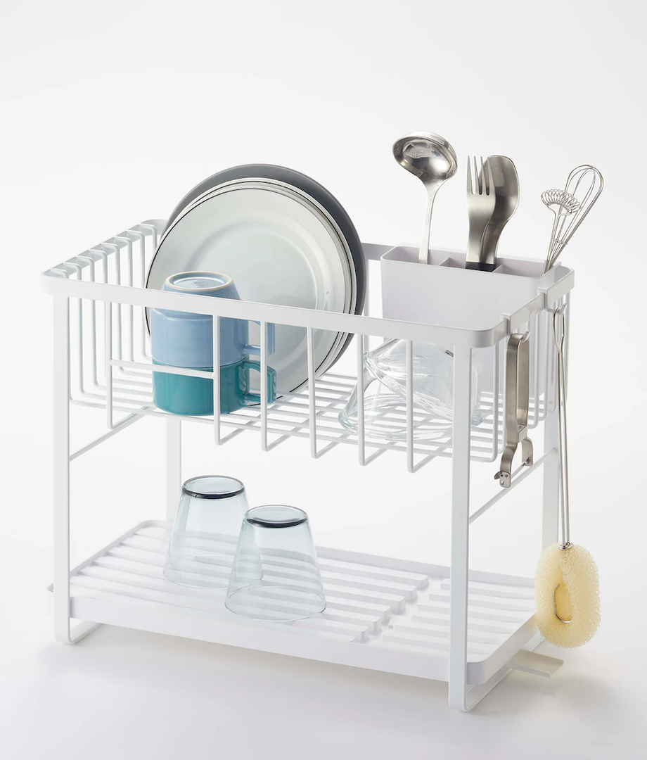 GSlife Narrow Dish Drying Rack  Expandable Small Dish Rack for Kitchen Counter, 2 Tier Adjustable Capacity (15.7''20.7''L) Dish Drainer Rack with Removable Cutlery Holder, White