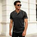 Men's Henley Shirts Short Sleeve Button Cotton T Shirts | Summer,Lightweight,Soft Stretch Fabric,Casual,Solid,Breathable Comfort,Basic Tee (L)