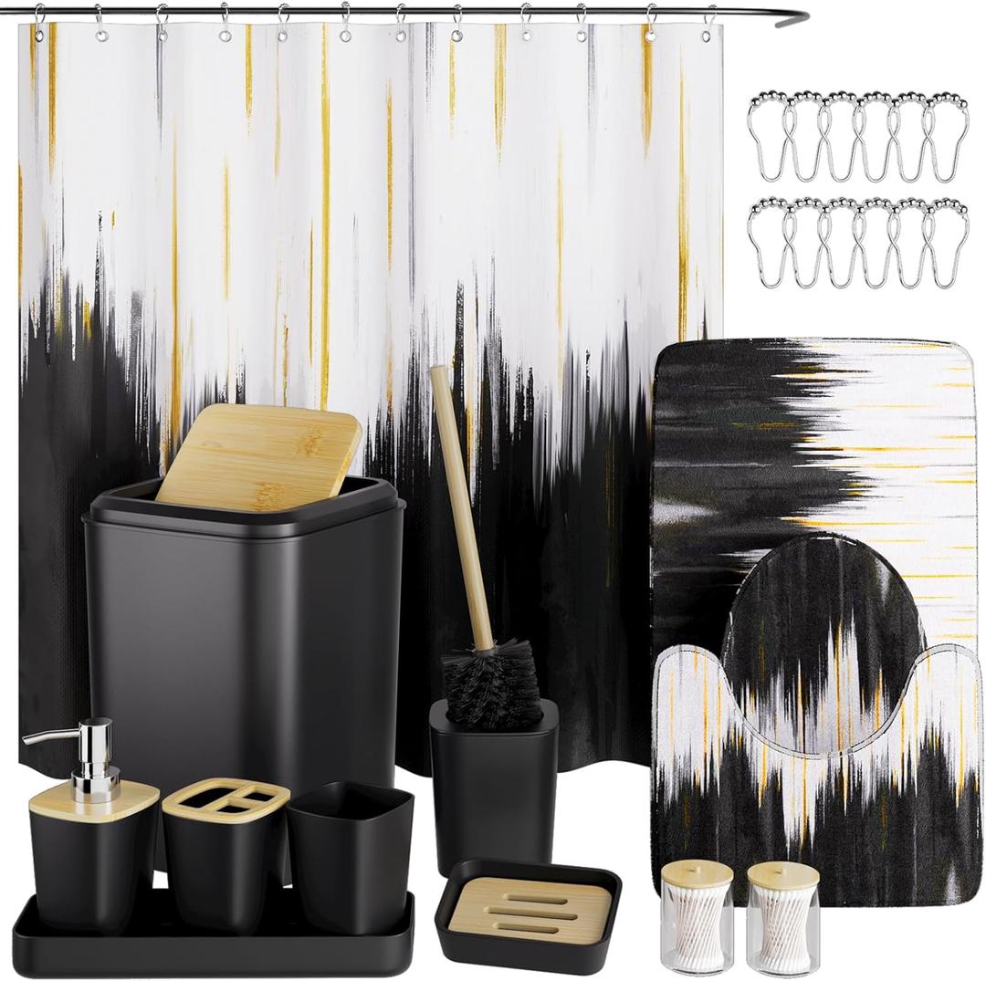 Black Bathroom Accessories Set - 24PCS Bathroom Sets with Shower Curtain and Rugs,Waterproof Black and White Shower Curtain Set, Toilet Brush, Trash Can & Soap Dispenser