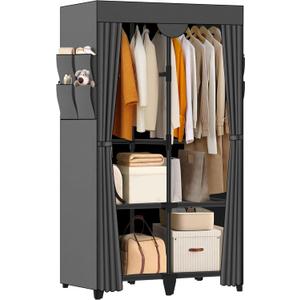 Wardrobe Closet, Quick and Easy Assembly, Gray Portable Closet with 2 Hanging Rods 4 Storage Shelves and Side 8 Pockets, Sturdy and Stable Clothes Rack with Cover, for Bedroom and Dormitory (Grey)