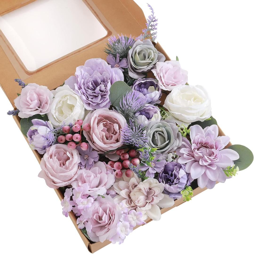 Artificial Flowers Combo, Fake Flowers for DIY Tables Centerpieces Baby Shower Bridal Shower Wedding Bouquet Arrangements Party Candle Holder Cake Decor Flower Home Decorations (Dreamy Purple)