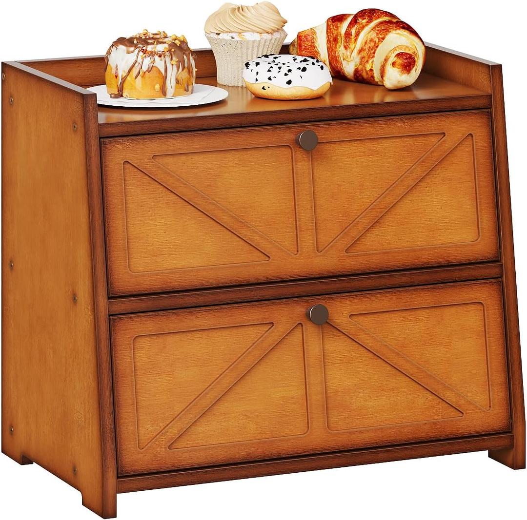 Vintage Double Layer Bread Box for Kitchen Counter Bamboo Bread Storage Container Large Capacity Bread Storage Bin (Antique Brown)