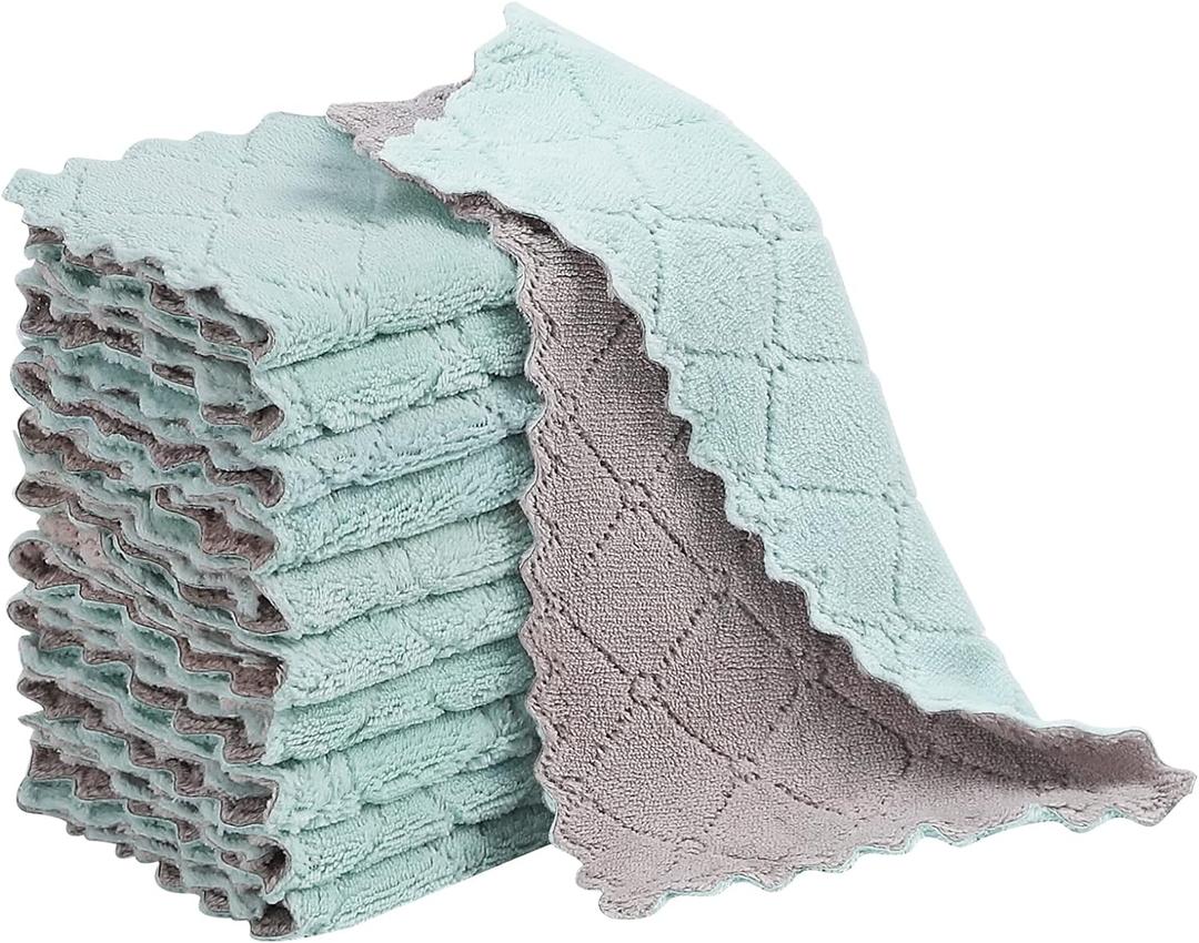 10 Pack Kitchen Dish Cloths Dish Towels,Super Absorbent Coral Fleece Cloth,Premium Dishcloths,Nonstick Oil Washable Fast Drying Dish Rags,Reusable Cloth forTable Chair Dish Glass (10pcs Green Gray)