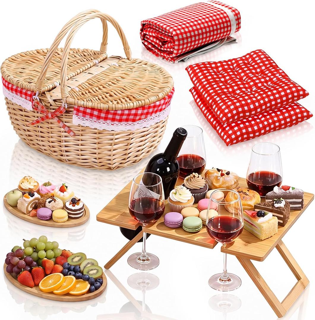 7 Pcs Picnic Set for 4 Folding Picnic Table Large Outdoor Red Plaid Blanket Wicker Basket Pillows & Serving Trays Essentials Date Set Outdoor Accessories Camping Wedding Beach Gift