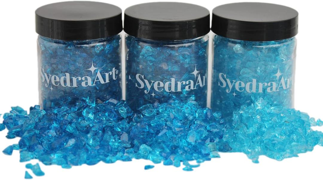 Syedra Crushed Glass for Crafts, Resin Art,Set of 3, Crushed Colored Pieces 3-6mm 1LB (Turquoise)
