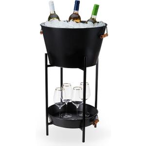 Twine Black Beverage Tub with Collapsible Stand, Large Metal Bucket and Tray, Ice Drink Buckets with Acacia Wood Handles for Parties, 3-Piece Set
