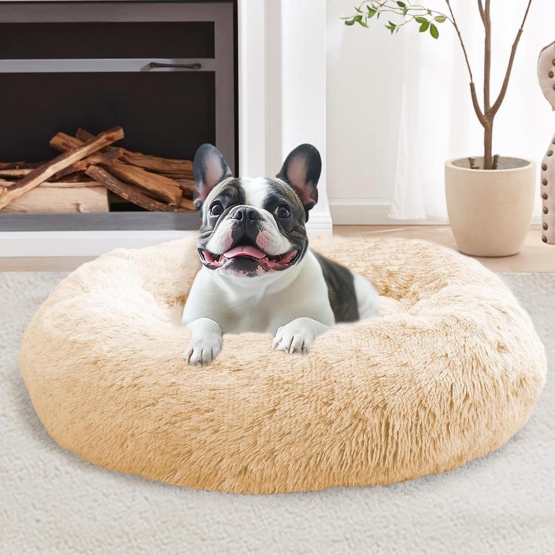 JOLLYVOGUE Calming Dog Beds Large Sized Dog, 36in Donut Washable Large Pet Bed, Anti-Slip & Anti-Anxiety Fluffy Faux Fur Round Dogs Bed, Fits up to 80 lbs Pets (Off White)