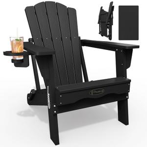 THOEOE Folding Adirondack Chair,HDPE All-Weather Outdoor Chair with Cup Holder,Wooden Textured,Fire Pit Chair,Plastic Patio Chair for Deck,Backyard,Garden,Lawn, Black (28.74"D x 29.65"W x 34.25"H)