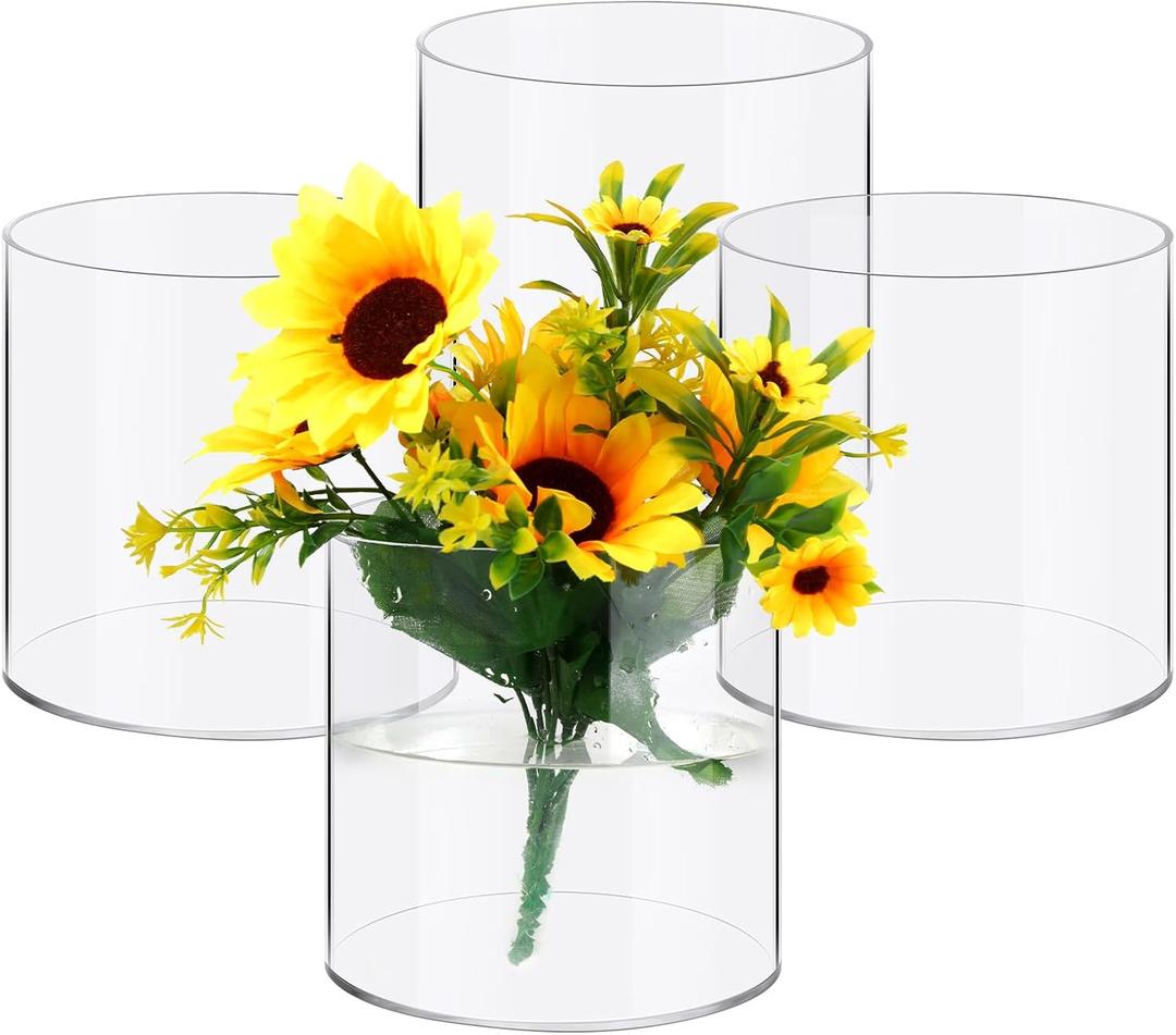 Qunclay 4 Pcs Acrylic Flower Vase Plastic Cylinder Vase for Centerpiece Decorative Clear Acrylic Cylinder Containers Break Resistant Round for Home Party Table Deco(6 x 6 Inch)