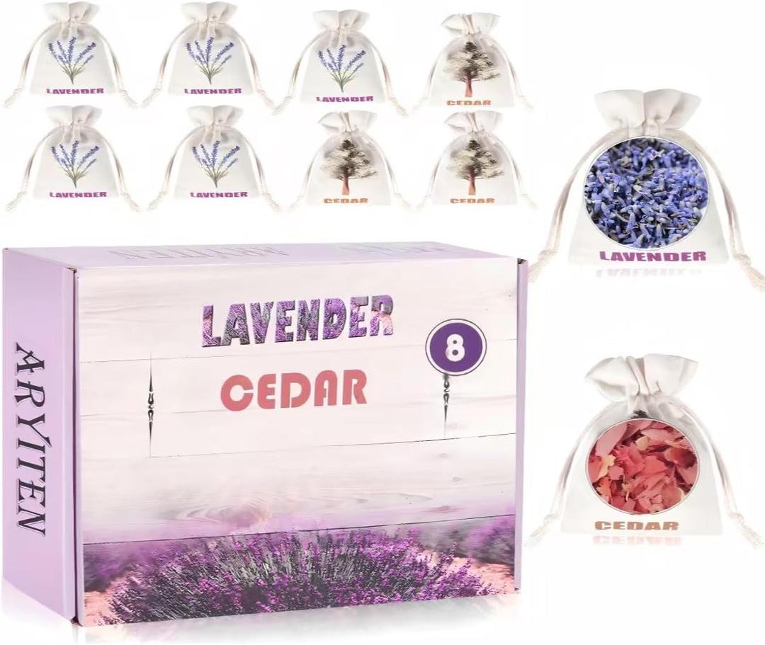 8 Pack Cedar Chips and Natural Dried Lavender Sachets Bags - Stop Clothes Damage, Cedar and Lavendar Home Fragrance Sachets for Drawers and Closets3 Cedar & 5 Lavender