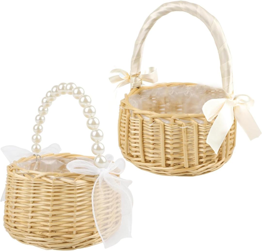 YIYA Wicker Flower Girl Basket with Pearl Handle Rattan Flower Basket for Outdoor Picnic Home Wedding Garden Decoration