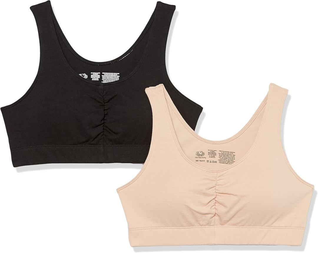 Fruit of the Loom Women's 2-Pack Shirred Front Sport Bra  Removable Pads for Customizable Support (44)