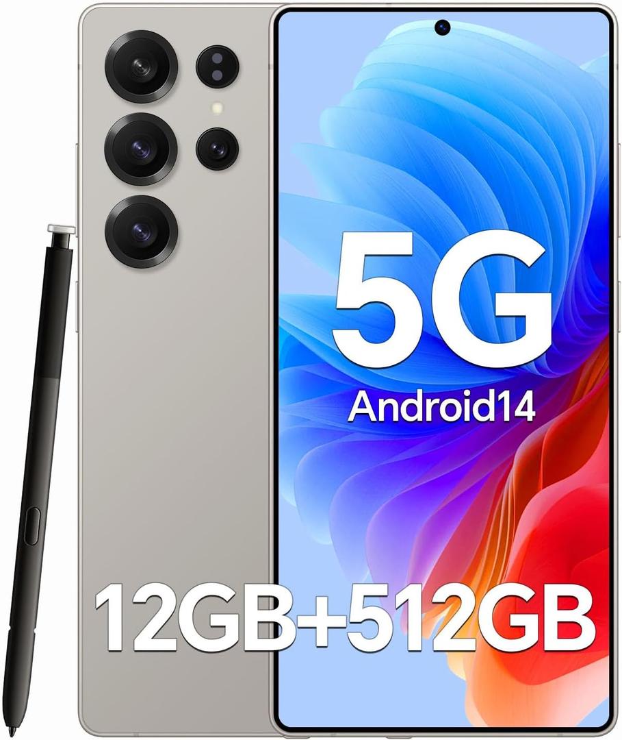 Unlocked Cell Phones C25 Ultra Build-in Pen, Snapdragon 888 Processor, 5G Dual SIM, 6.9" Screen Android 14 Mobile Phone, 12GB+512GB Smartphone, 6800mAh Battery, 48MP+108MP Camera, Face ID Grey