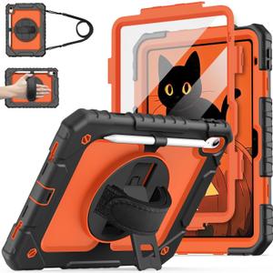 Cantis Case for iPad 11-inch (A16) 2025/ iPad 10th Generation 2022 (10.9 inch) with Screen Protector, 11th Case with 360 Degree Rotating Stand/Shoulder Strap/Pencil Holder, Black+Orange+Black