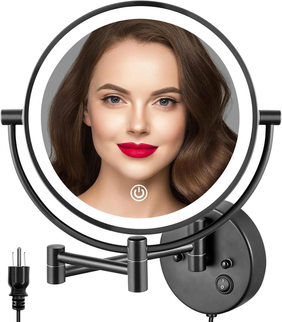 ALHAKIN 9" Wall Mounted Lighted Makeup Mirror, Large Double Sided 1X/10X Magnifying Mirror with 3 Color Lights Dimmable, 360 Rotation, Black
