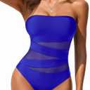 Holipick Women Strapless Bandeau One Piece Swimsuits Sexy Mesh Cutout Bathing Suits Tummy Control Swimwear (Large, Royal Blue 1)