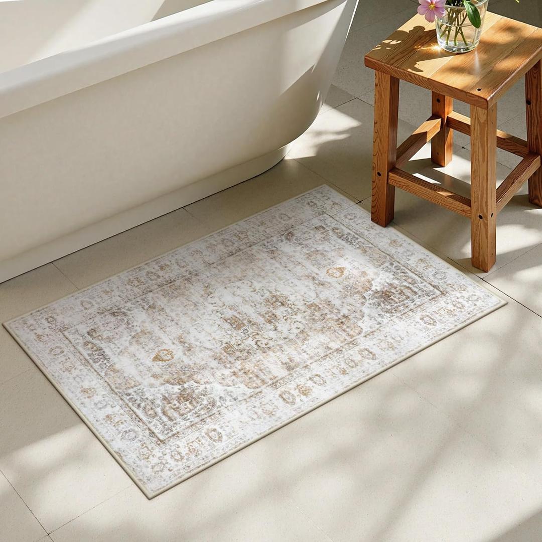Uphome Boho Bathroom Rugs, Distressed Farmhouse Light Khaki Bath Mat, Comfy Velvet Small Bath Rugs Non Slip Washable, Vintage Oriental Toilet Rug for Sink Shower Vanity, 20x32 inch