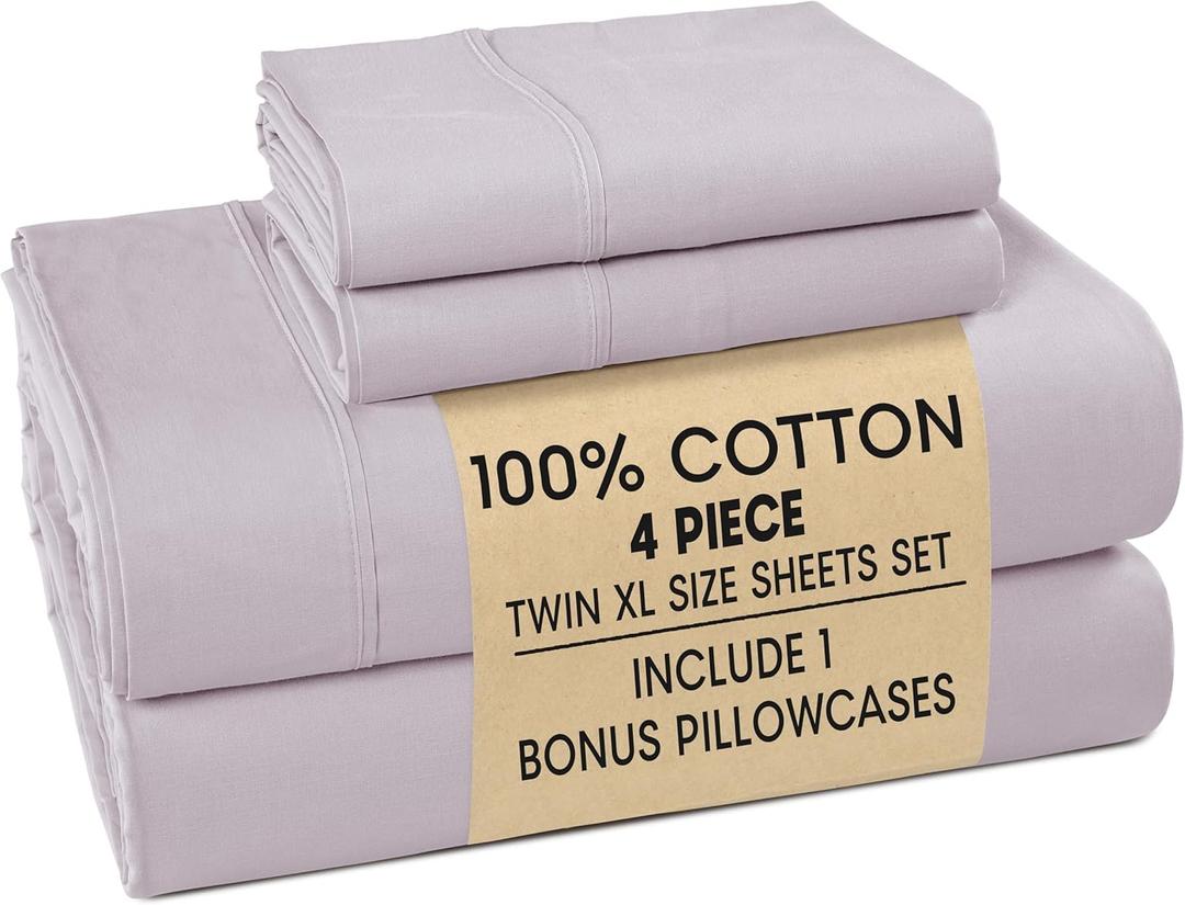 Casa Platino 100% Cotton Twin XL Size Sheets Crisp Percale Sheets Twin XL with 2 Pillowcases, with 15" Deep Pocket Sheet for Secure Fit, Ultra Soft & Cozy, Excellent Quality & Fit Grey Lavender