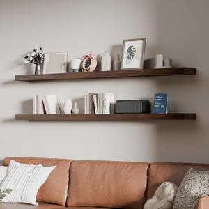 60 inch Long Floating Shelves for Wall,Solid Wood Long Shelves Set of 2,Walnut Rustic Mounted Shelves for Bathroom Bedroom Laundry Room (Walnut, 60 Inch)