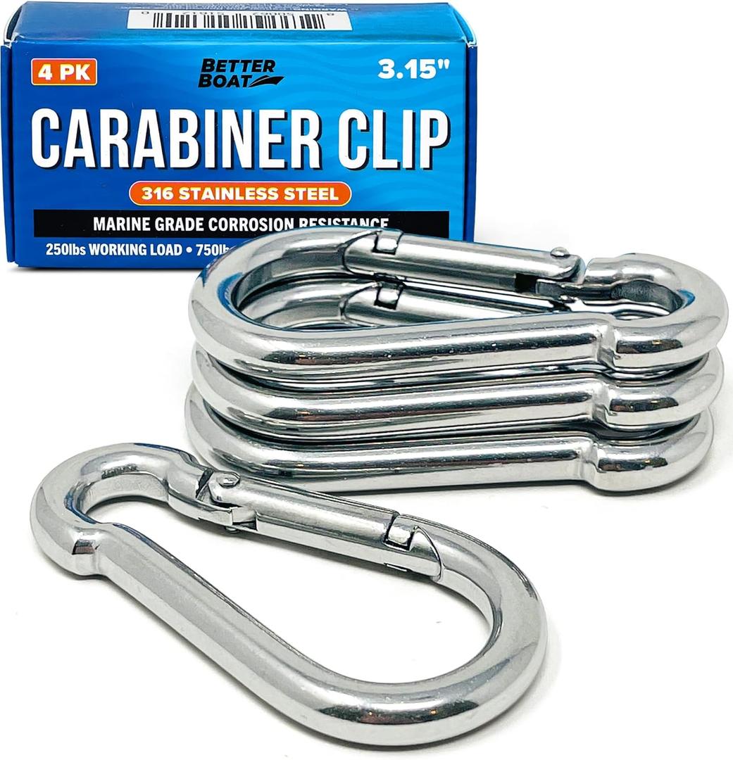 Stainless Steel Carabiner Clip, 4 Pack, 316 Marine Grade, Heavy Duty Spring Snap Hooks, Mini and Large Sizes, 2" to 4" Options
