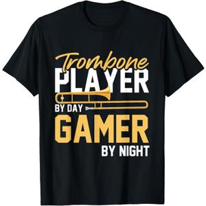 Trombone Player by Day Gamer by Night - Band Trombone T-Shirt Small