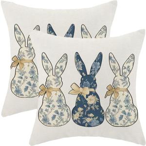 CXMEIFLY Easter Pillow Covers 16 x 16 Inch Set of 2 for Chinoiserie Blue Floral Rabbit Bunny Decor Throw Pillows Spring Flower Outdoor Holiday Farmhouse Decorative Cushion Cases for Couch Decoration