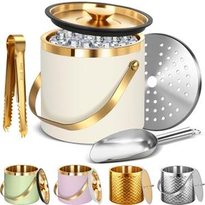 Ice Bucket, Ice Bucket with Silicone Sealing Ring Double-Wall Vacuum Insulation Champagne Buckets with Filter Layer Ice Tongs Ice Scoop (Beige, 4 L)