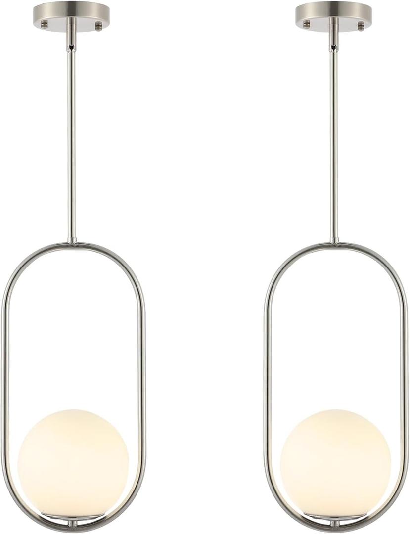 Modern Globe Pendant Light Brushed Nickel Chandelier 1-Light Mid Century Ceiling Hanging Lighting Fixture White Globe Glass Shades for Kitchen Island Dining Room Bedroom (2 Pack)
