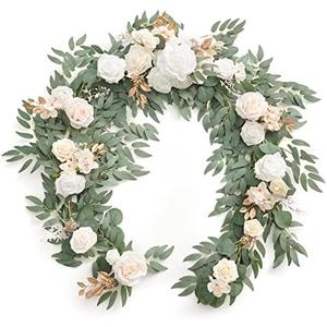 Ling's Moment Flower Garland - 6FT Eucalyptus & Rose - Sweetheart Table Decor for Wedding Reception, Artificial Silk Floral Garland for Mantle, Spring, Garden Christmas Decoration, White Beige Ling's Moment Flower Garland - 6FT Eucalyptus & Rose - Sweetheart Table Decor for Wedding Reception, Artificial Silk Floral Garland for Mantle, Spring, Garden Christmas Decoration, White Beige