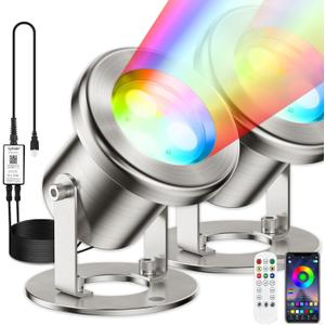 LyLmLe LED Pond Lights with APP Control, 6W SS316 Stainless Steel RGB Underwater Fountain Light with 12V Transformer, IP68 Waterproof Outdoor Underwater Lights for Pond Waterfall, Black Wire(2-Spots)