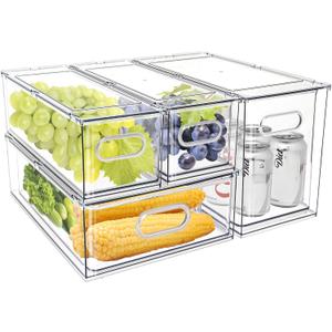 MANO Fridge Drawer Pull Out Stackable Bins with Handle Clear Refrigerator Drawers Organizer Food Storage Container Box with Dividers Plastic Produce Saver for Pantry, Cabinet, Kitchen, Clothes4Pack