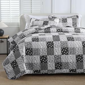 Menghomeus Black Grey Quilt Set King Boho Patchwork Bedspread Floral Coverlet Reversible Bed Quilt Set All Season Soft Microfiber Bedding Farmhouse Bed Sets, 104"x90"