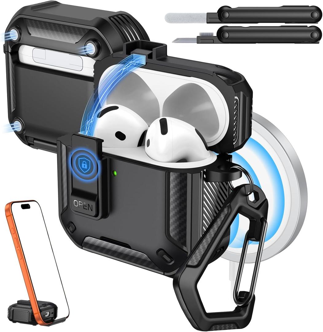 AirPods 4 Case with Lock 2024 - Compatible with MagSafe, Phone Stand & Auto Pop-up for AirPods 4th Generation Case, Military-Grade Protective Cover with Cleaner Kit, Black