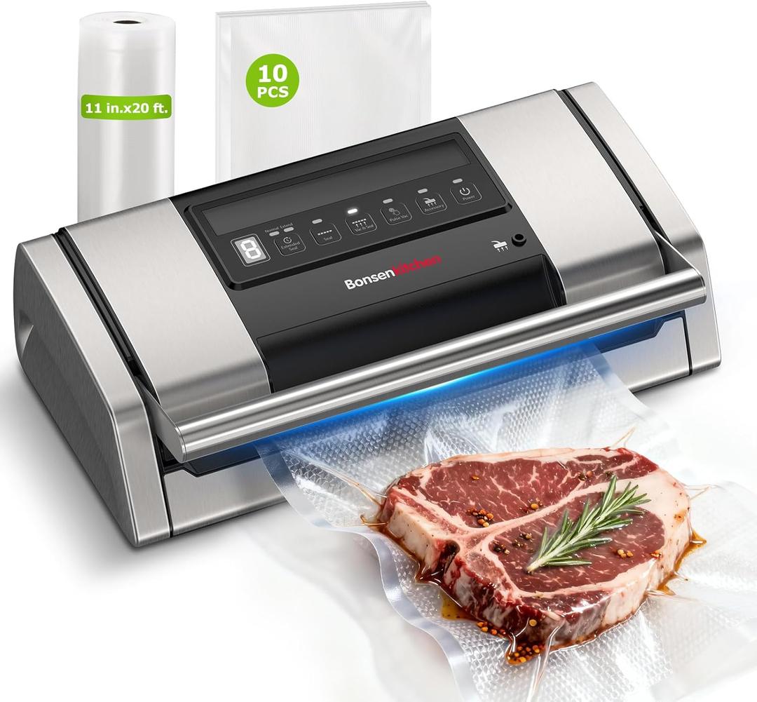 Bonsenkitchen Vacuum Sealer for Food, Easy-Lock Handle Vacuum Sealer Machine with Bag Clip, Built-in Cutter and Bag Storage for Sous Vide and Meal Prep, 1 Roll Bag & 10 Pre-Cut Bags, Silver (Fully Stainless Steel)