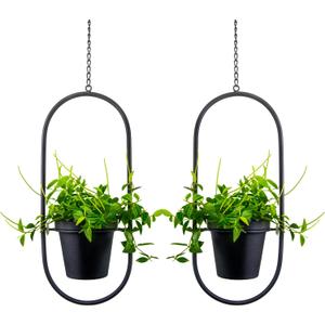 Metal Hanging Planters, Modern Plant Hanger with 5 inch Flower Pots,Set of 2 Black Oval Shape Plant Holders, Wall and Ceiling Planters for Indoor Plants, Home Dcor (OVAL-5 INCH POT)