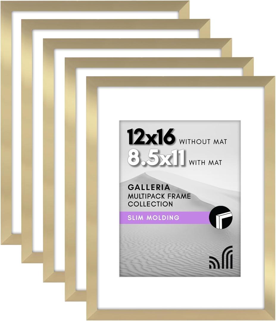 Americanflat 12x16 Picture Frame with Polished Plexiglass - Set of 5 - Use as 8.5x11 Frame with Mat or 12x16 Frame Without Mat - Galleria Collection - Gallery Wall Frame Set for Wall Display - Gold