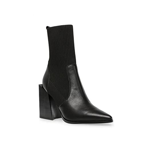 Lvemas Womens Chunky Stacked Heel Ankle Boots Pointed Toe Booties Slip On Ribbed Knit Sock Boot, Black, 9