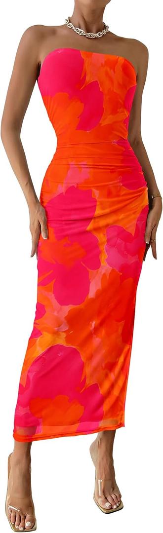 PRETTYGARDEN Women's Summer Wedding Guest Dress Strapless Tube Top Maxi Bodycon Long Floral Mesh Beach Vacation Party Dresses, Small
